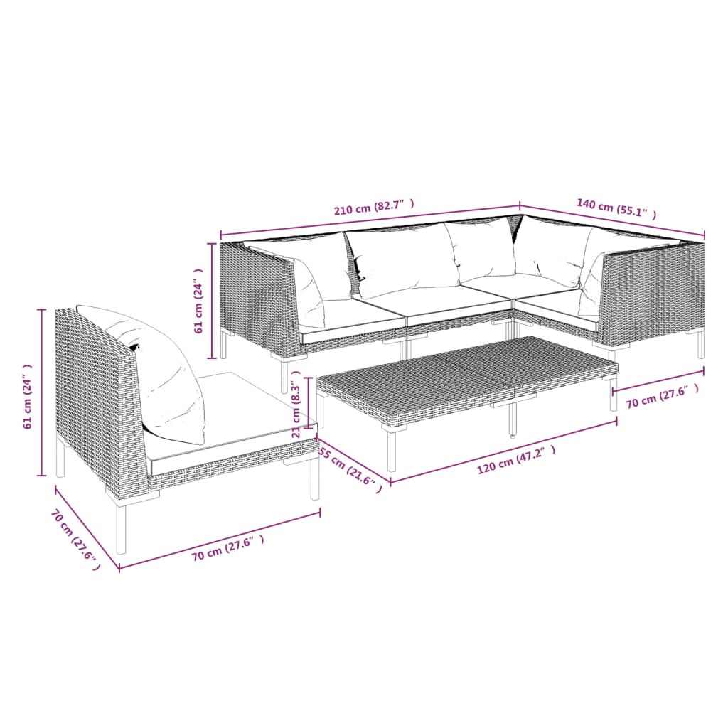 6-delige Loungeset met kussens poly rattan donkergrijs