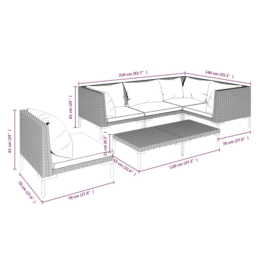 6-delige Loungeset met kussens poly rattan donkergrijs