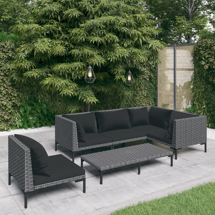 6-delige Loungeset met kussens poly rattan donkergrijs
