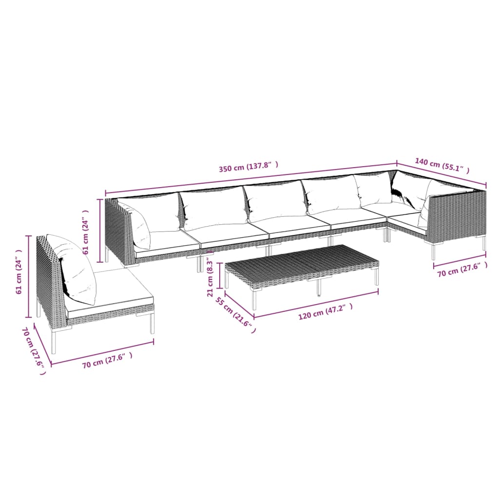 8-delige Loungeset met kussens poly rattan donkergrijs