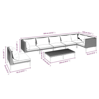 8-delige Loungeset met kussens poly rattan donkergrijs