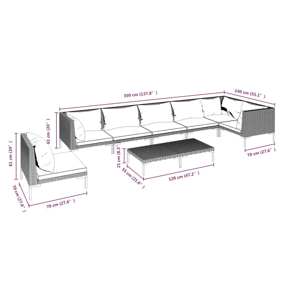 8-delige Loungeset met kussens poly rattan donkergrijs