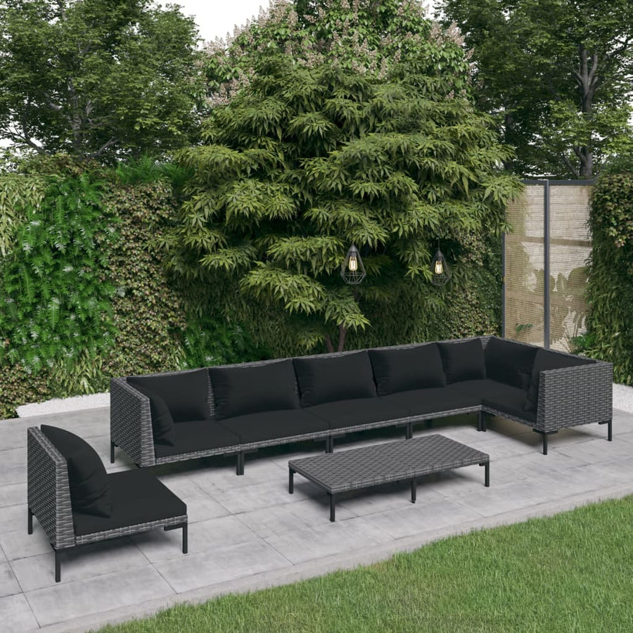 8-delige Loungeset met kussens poly rattan donkergrijs