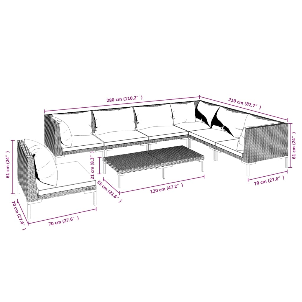 8-delige Loungeset met kussens poly rattan donkergrijs
