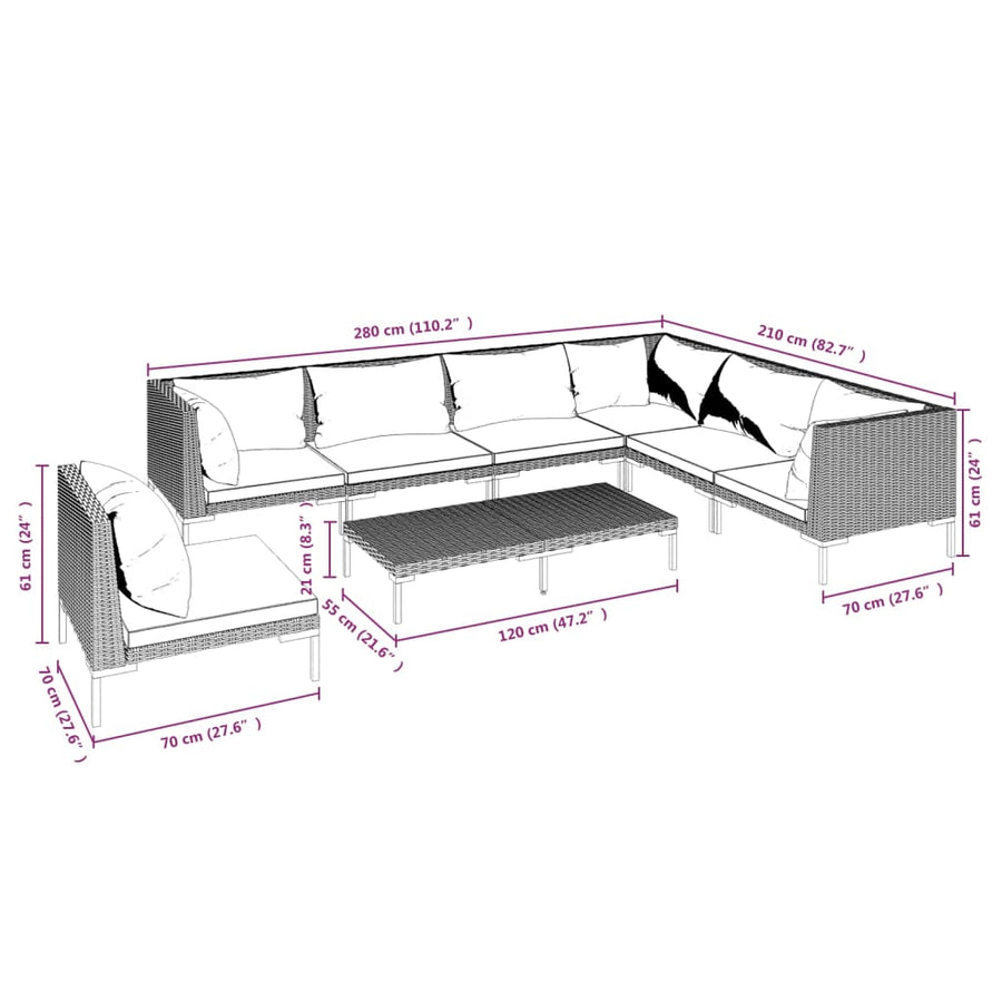 8-delige Loungeset met kussens poly rattan donkergrijs