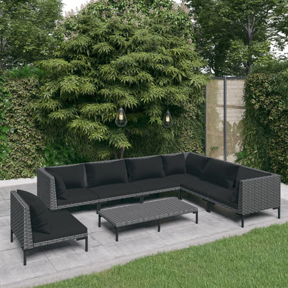 8-delige Loungeset met kussens poly rattan donkergrijs