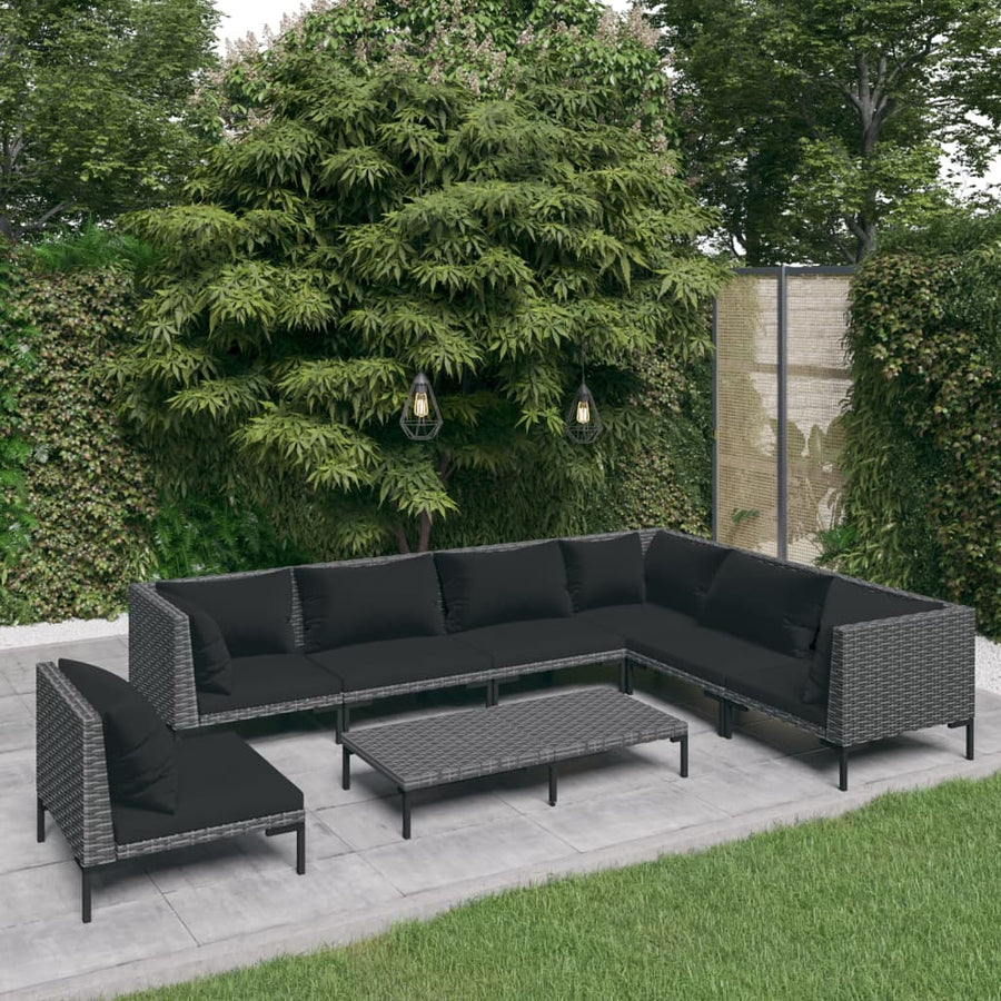 8-delige Loungeset met kussens poly rattan donkergrijs