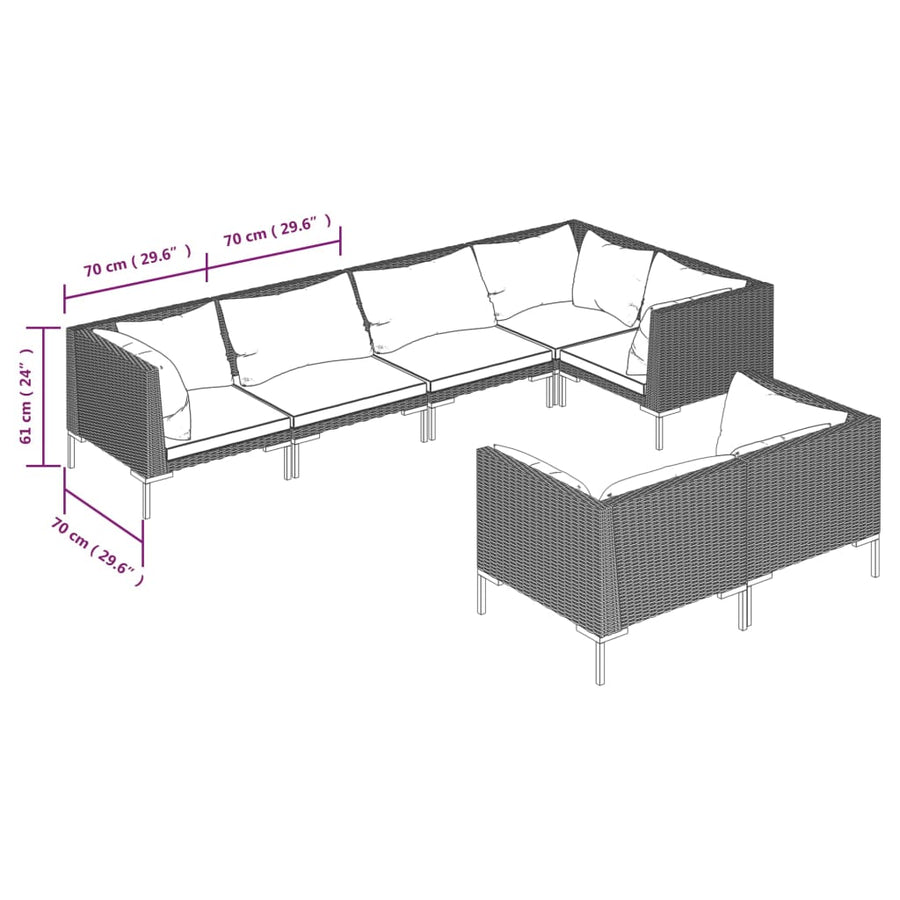 7-delige Loungeset met kussens poly rattan donkergrijs