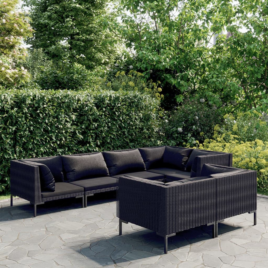 7-delige Loungeset met kussens poly rattan donkergrijs