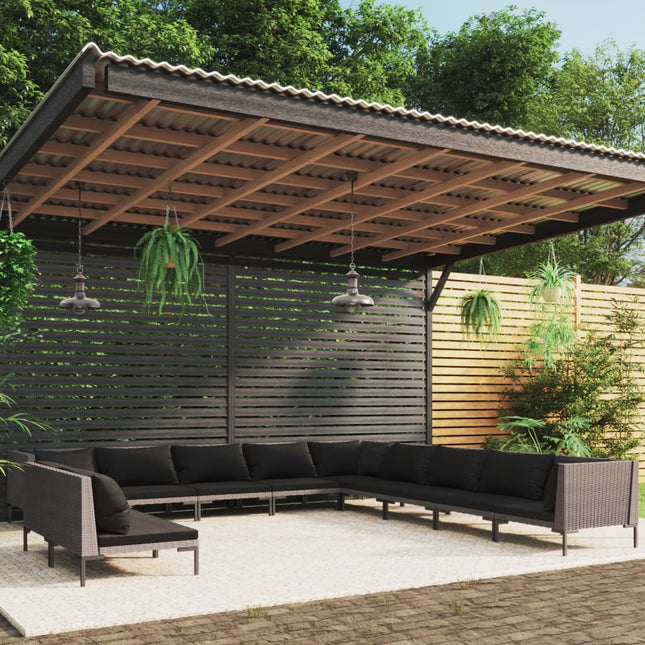 -Delige Loungeset Met Kussens Poly Rattan Donkergrijs 1 3x hoek + 8x midden