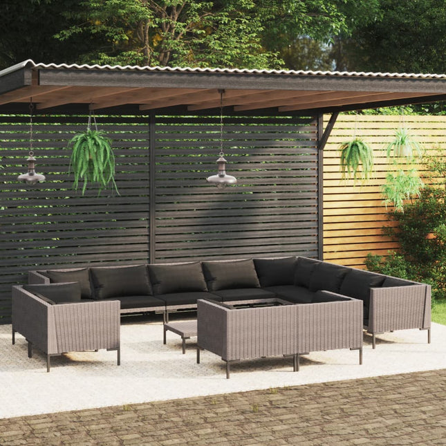 3-Delige Loungeset Met Kussens Poly Rattan Donkergrijs 1 7x hoek + 5x midden + Tafel