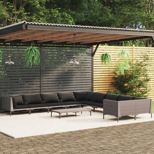 10-Delige Loungeset Met Kussens Poly Rattan Donkergrijs 4x hoek + 5x midden + Tafel