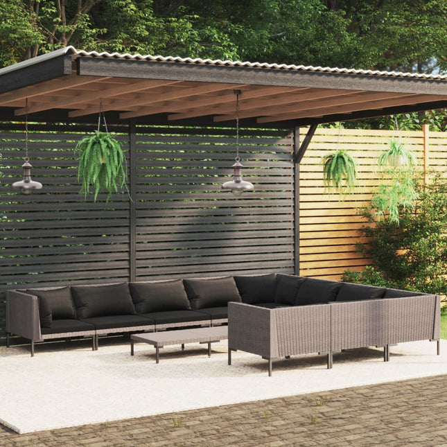 -Delige Loungeset Met Kussens Poly Rattan Donkergrijs 1 6x midden + 4x hoek + Tafel