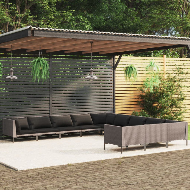 -Delige Loungeset Met Kussens Poly Rattan Donkergrijs 4x hoek + 7x midden