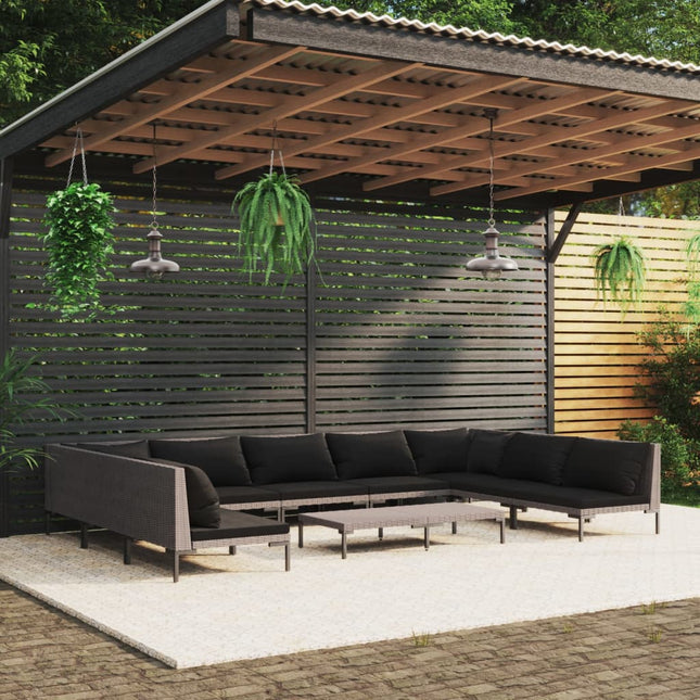 10-Delige Loungeset Met Kussens Poly Rattan Donkergrijs 2x hoek + 7x midden + Tafel