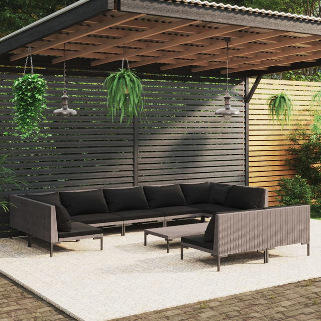 10-Delige Loungeset Met Kussens Poly Rattan Donkergrijs 2x hoek + 7x midden + Tafel