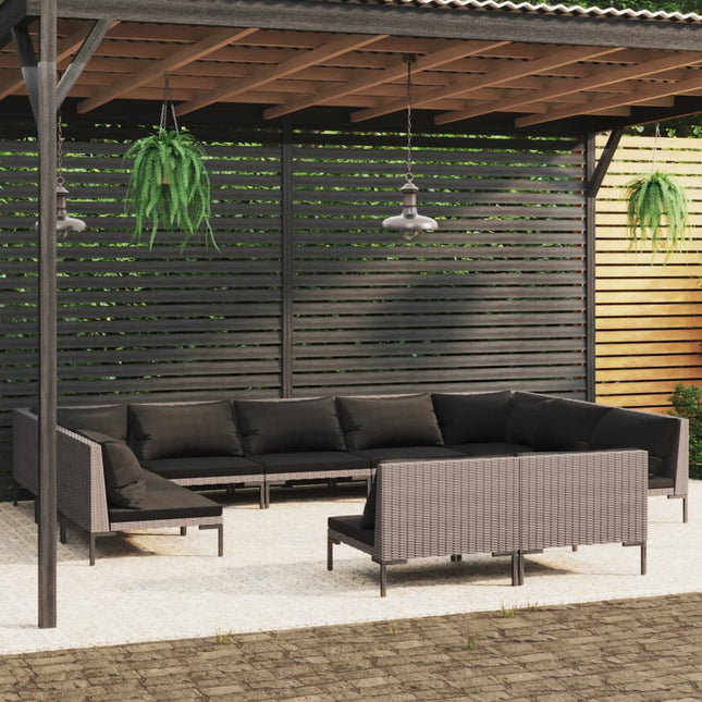 -Delige Loungeset Met Kussens Poly Rattan Donkergrijs 1 11 2x hoek + 9x midden