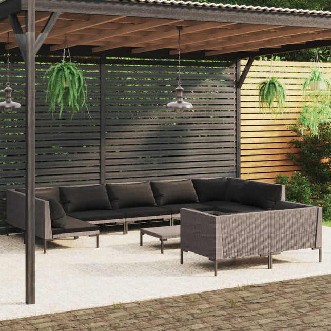 10-Delige Loungeset Met Kussens Poly Rattan Donkergrijs 4x hoek + 5x midden + Tafel