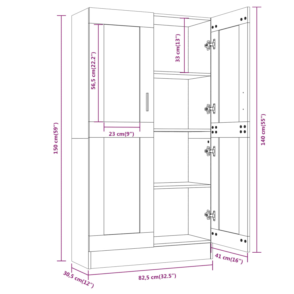Vitrinekast 82,5x30,5x150 cm bewerkt hout gerookt eikenkleurig 82.5 x 30.5 x 150 cm Gerookt eiken