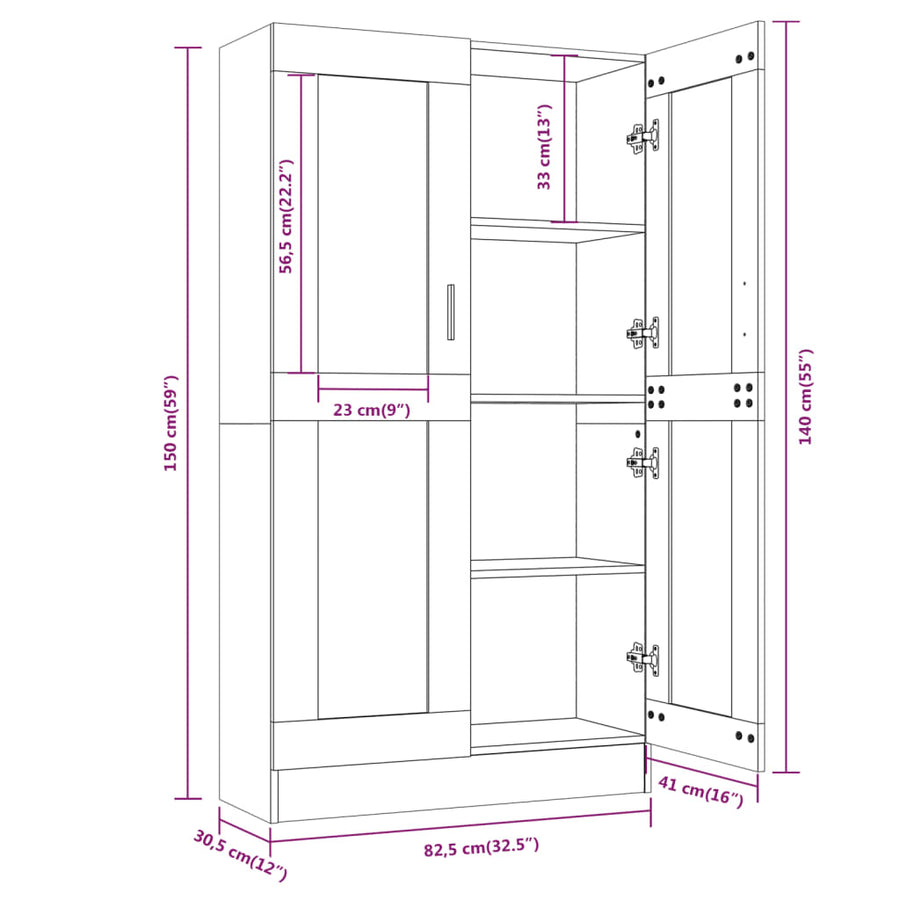 Vitrinekast 82,5x30,5x150 cm bewerkt hout gerookt eikenkleurig 82.5 x 30.5 x 150 cm Gerookt eiken