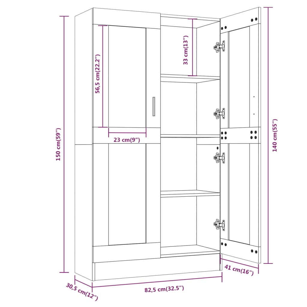 Vitrinekast 82,5x30,5x150 cm bewerkt hout grijs sonoma eiken 82.5 x 30.5 x 150 cm Grijs sonoma