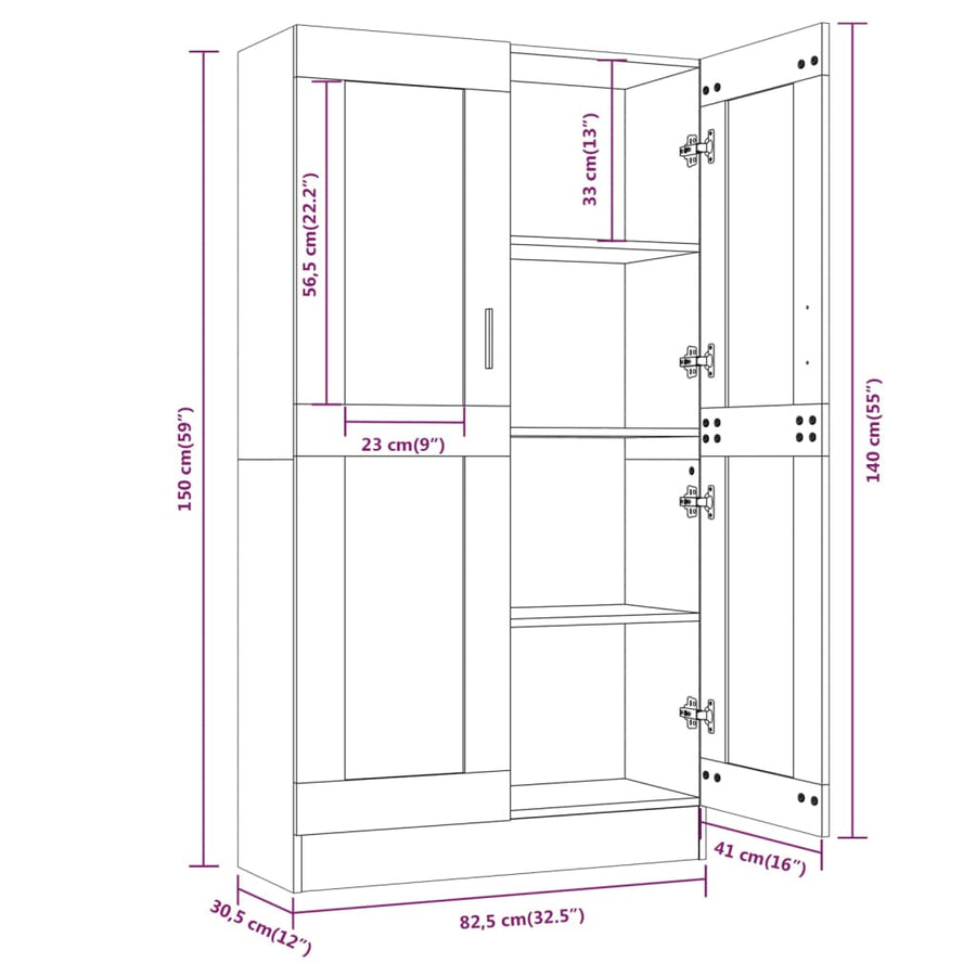 Vitrinekast 82,5x30,5x150 cm bewerkt hout grijs sonoma eiken 82.5 x 30.5 x 150 cm Grijs sonoma