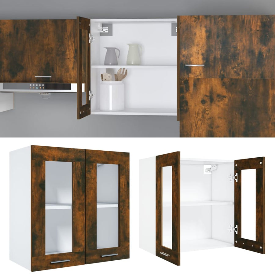 Wandkast hangend 60x31x60 cm glas en bewerkt hout gerookt eiken Hangkast glas 60 cm