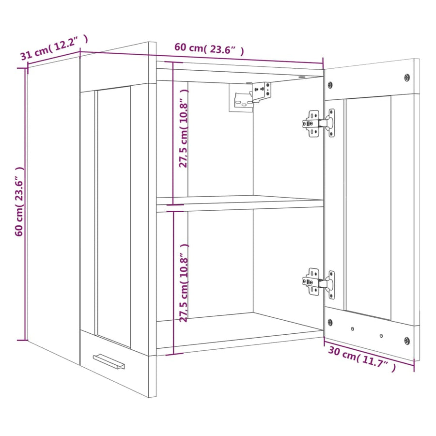 Wandkast hangend 60x31x60 cm glas en bewerkt hout gerookt eiken Hangkast glas 60 cm