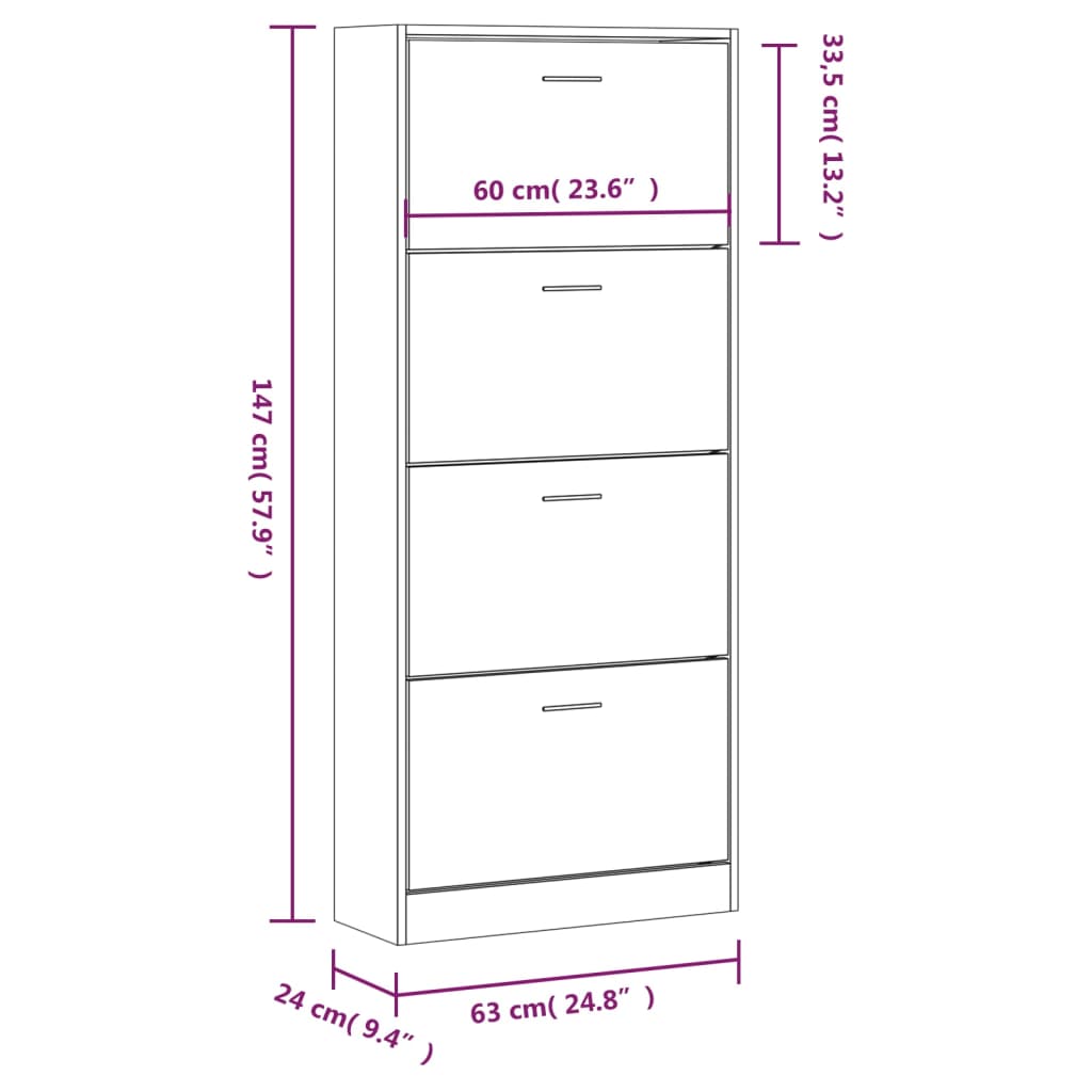 Schoenenkast 63X24X147 Cm Bewerkt Hout Sonoma Eikenkleurig Wit