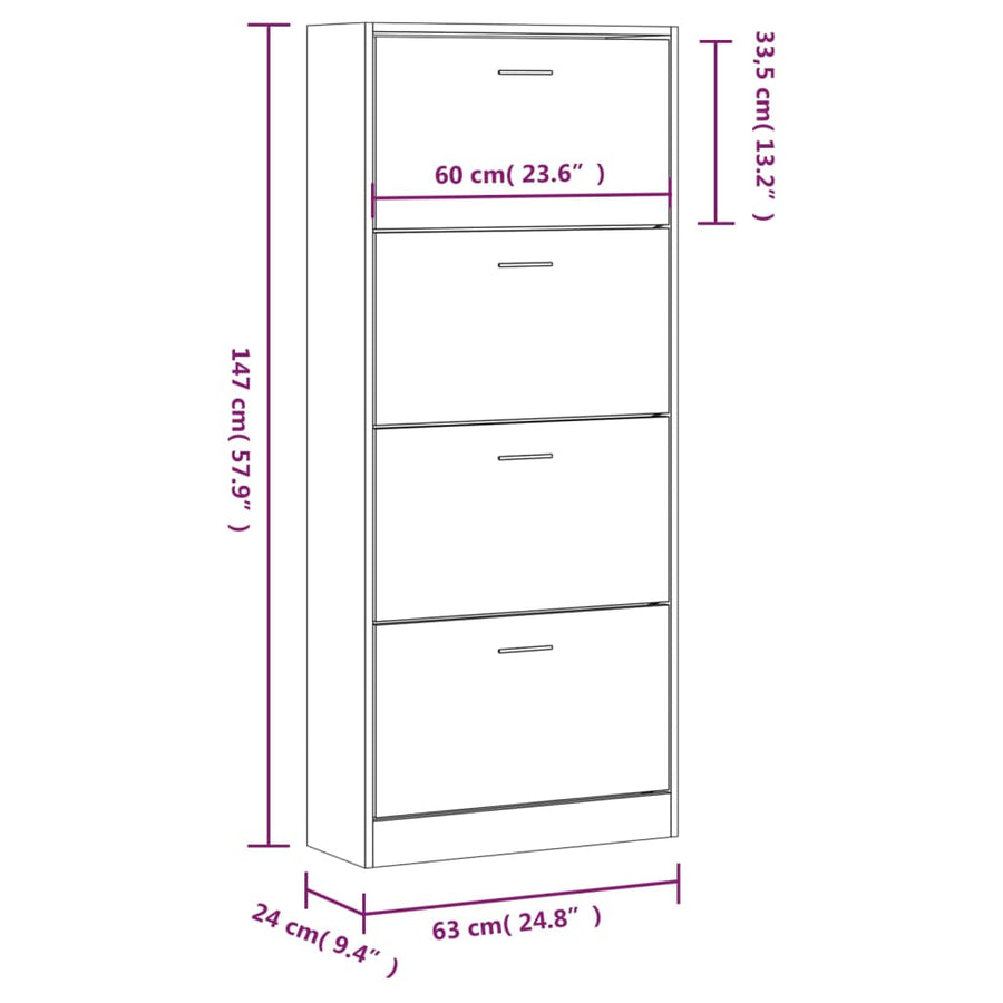Schoenenkast 63X24X147 Cm Bewerkt Hout Sonoma Eikenkleurig Wit