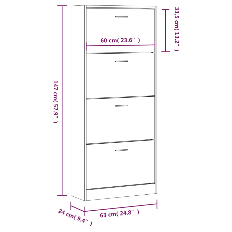 Schoenenkast 63x24x147 cm bewerkt hout bruin eikenkleur 63 x 24 x 147 cm Bruineiken