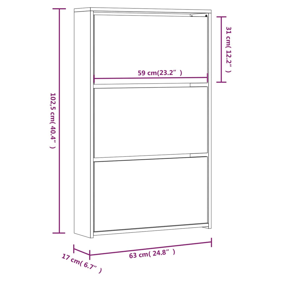 Schoenenkast met spiegel 3-laags 63x17x102,5 cm hoogglans wit 63 x 17 x 102.5 cm Hoogglans wit