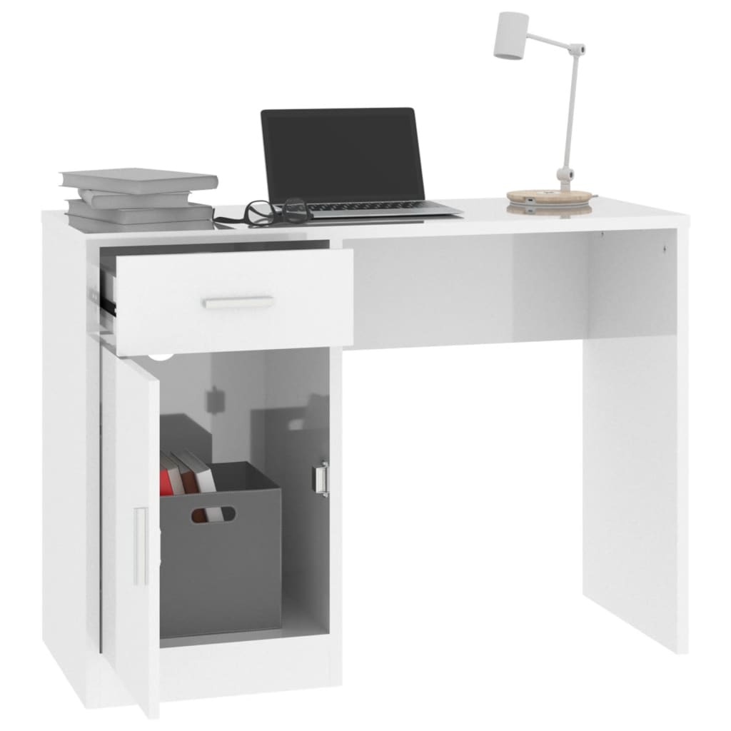 Bureau Met Kast En Lade 100X40X73 Cm Bewerkt Hout Hoogglans wit