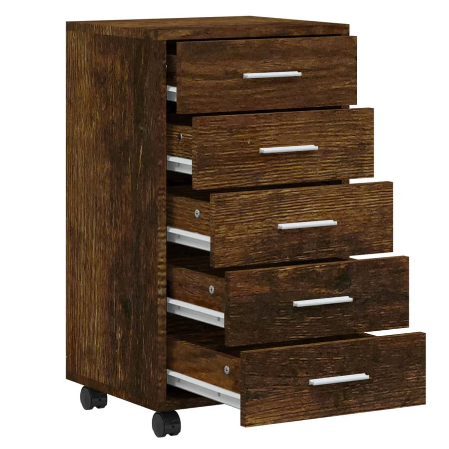 Ladekast met wieltjes bewerkt hout gerookt eikenkleurig