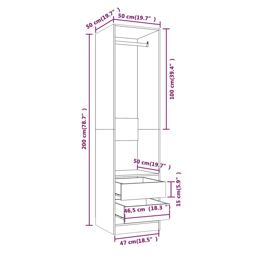 Kledingkast Met Lades Bewerkt Hout Gerookt Eiken 2 lades 50 x 50 x 200 cm