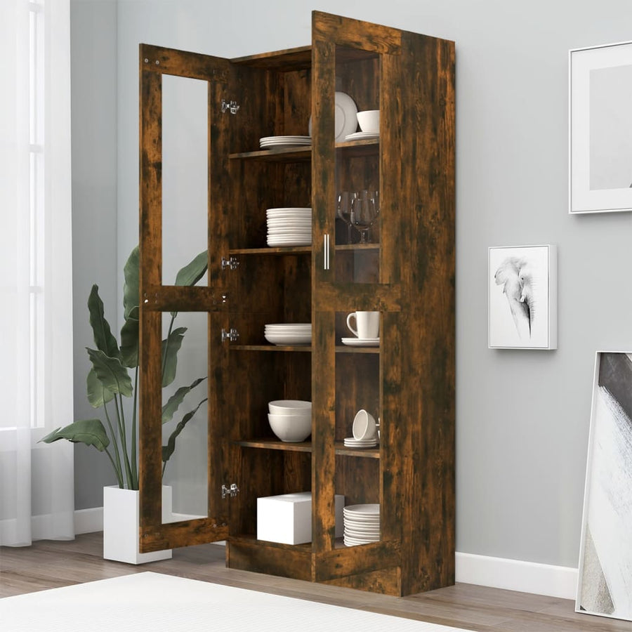 Vitrinekast 82,5x30,5x185,5 cm bewerkt hout gerookt eikenkleur 82.5 x 30.5 x 185.5 cm Gerookt eiken