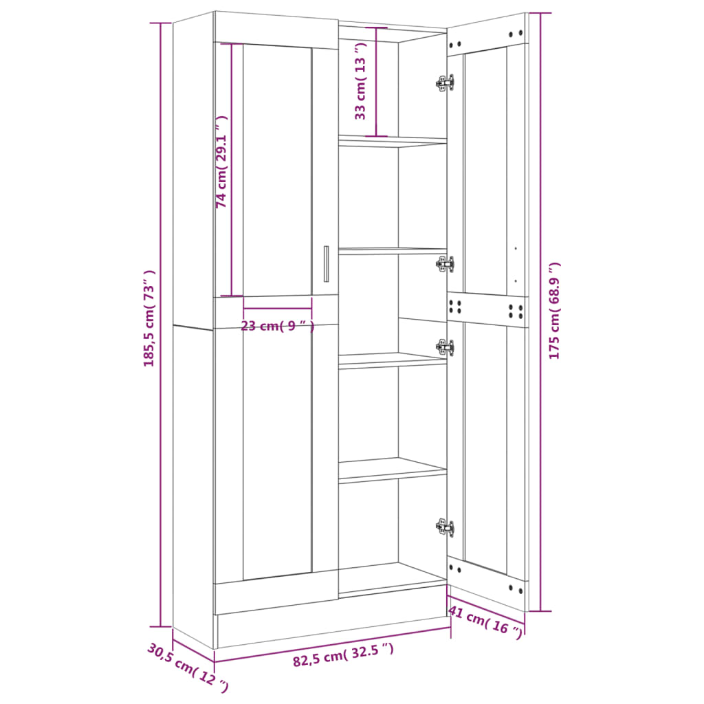 Vitrinekast 82,5x30,5x185,5 cm bewerkt hout gerookt eikenkleur 82.5 x 30.5 x 185.5 cm Gerookt eiken
