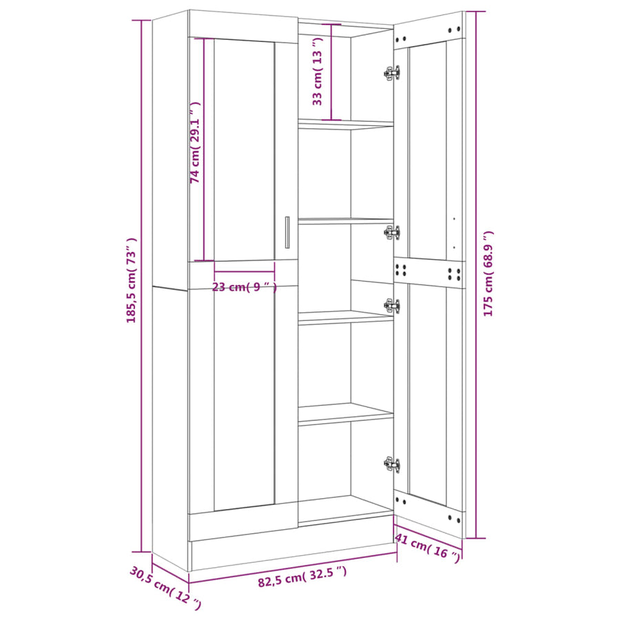 Vitrinekast 82,5x30,5x185,5 cm bewerkt hout gerookt eikenkleur 82.5 x 30.5 x 185.5 cm Gerookt eiken