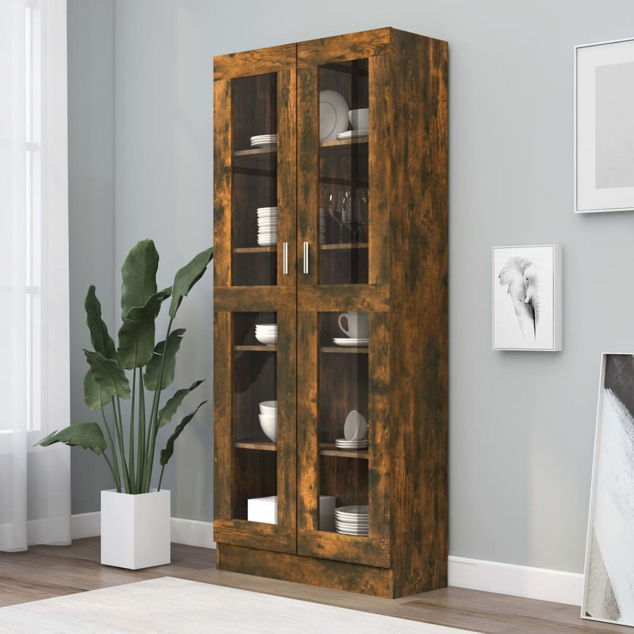 Vitrinekast 82,5x30,5x185,5 cm bewerkt hout gerookt eikenkleur 82.5 x 30.5 x 185.5 cm Gerookt eiken