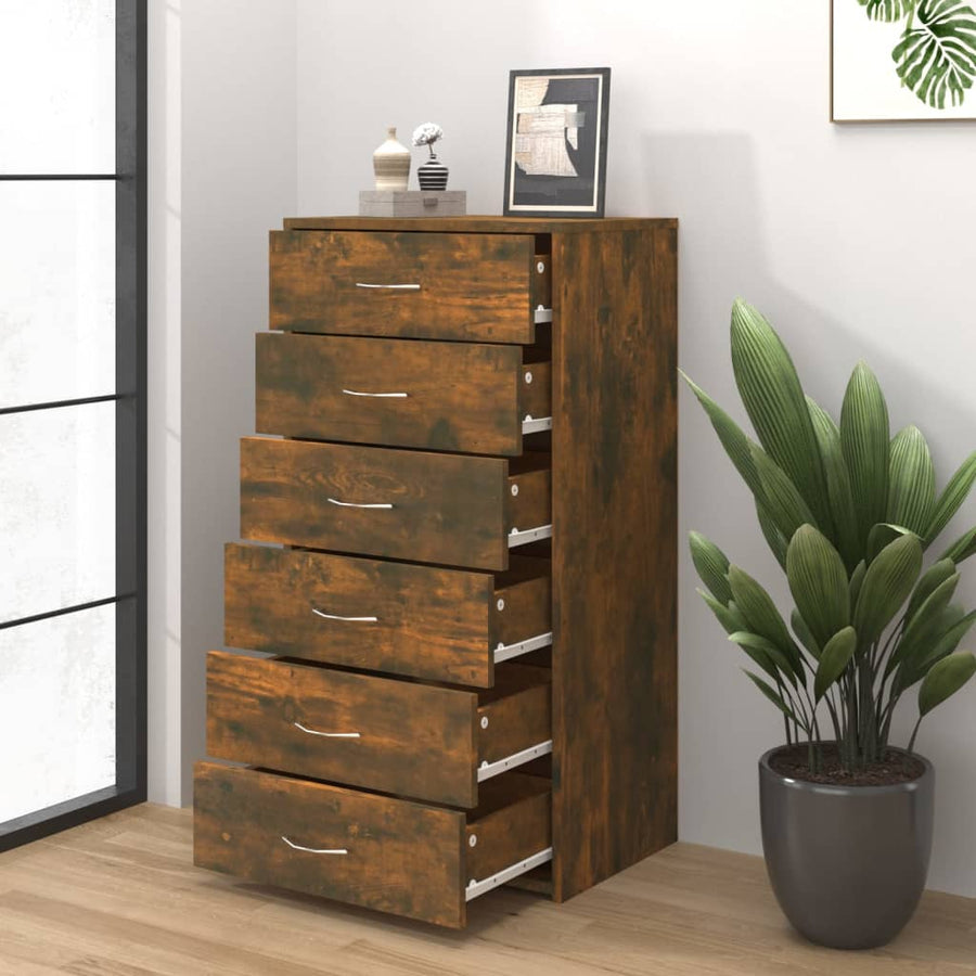 Dressoir Met 6 Lades 50X34X96 Cm Bewerkt Hout Gerookt eiken