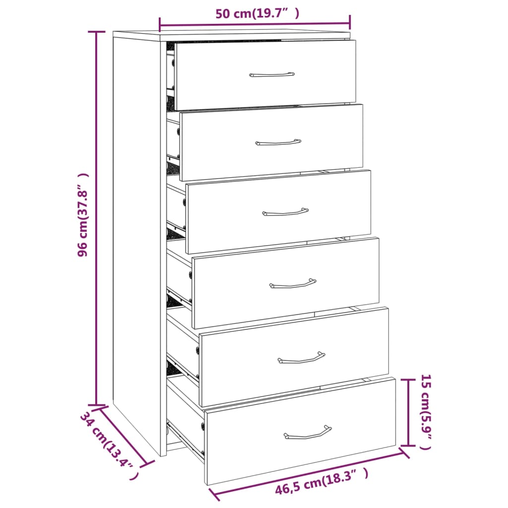 Dressoir Met 6 Lades 50X34X96 Cm Bewerkt Hout Gerookt eiken