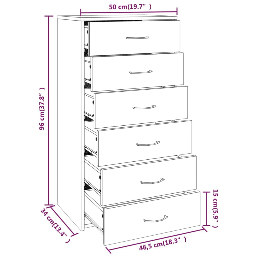Dressoir Met 6 Lades 50X34X96 Cm Bewerkt Hout Gerookt eiken