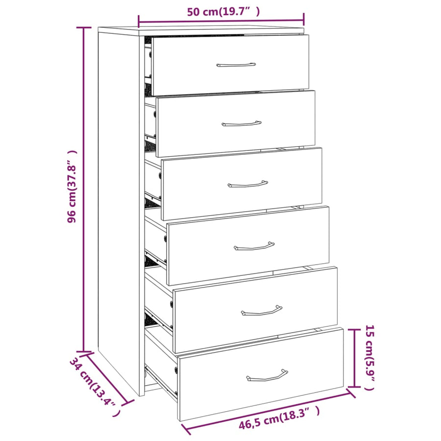 Dressoir Met 6 Lades 50X34X96 Cm Bewerkt Hout Grijs sonoma