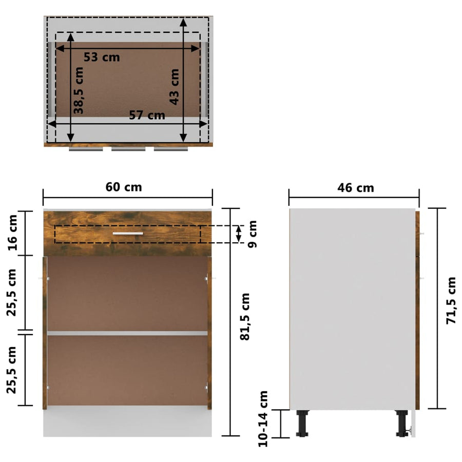 Onderkast met lade 60x46x81,5 cm bewerkt hout gerookt eiken Onderkast met lade 60 cm