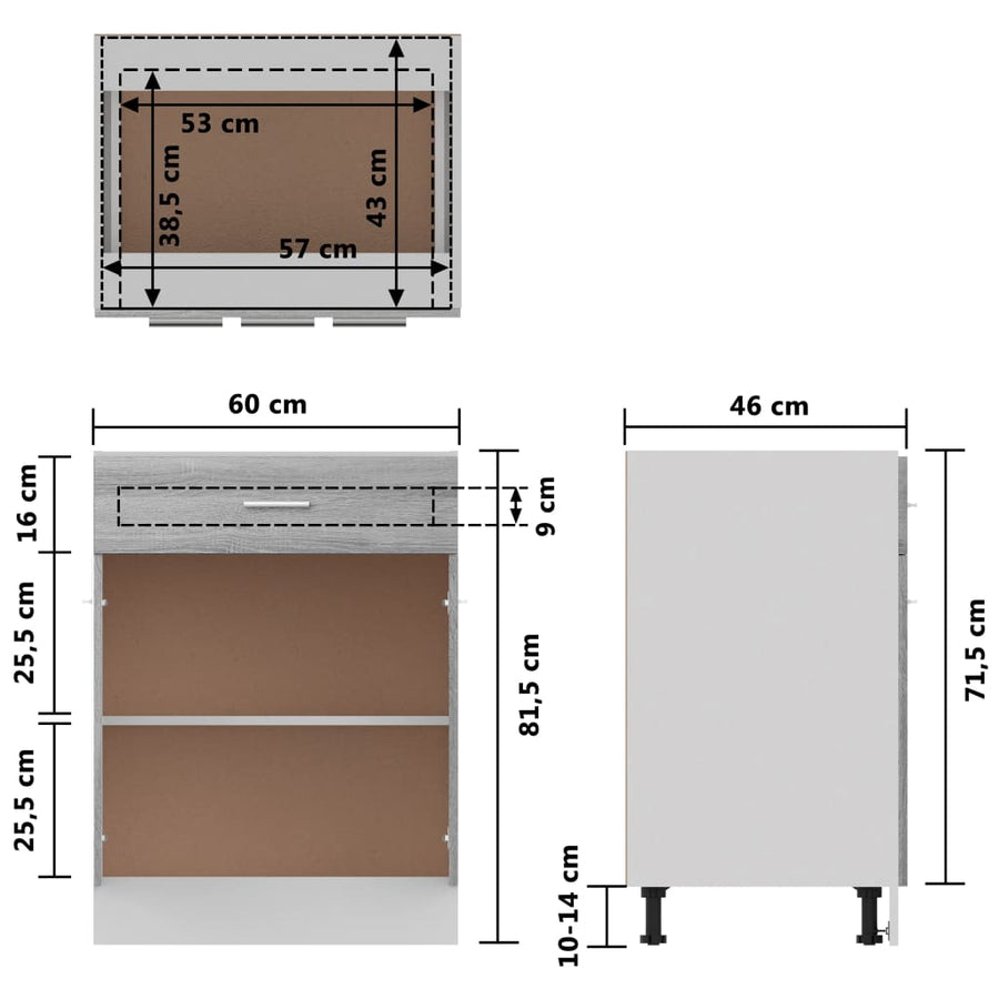 Onderkast met lade 60x46x81,5 cm bewerkt hout grijs sonoma Onderkast met lade 60 cm