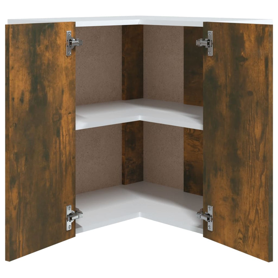 Hoekkast hangend 57x57x60 cm bewerkt hout gerookt eikenkleurig Hanghoekkast