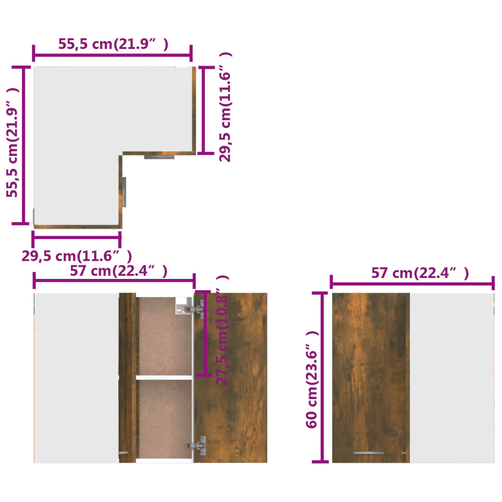 Hoekkast hangend 57x57x60 cm bewerkt hout gerookt eikenkleurig Hanghoekkast
