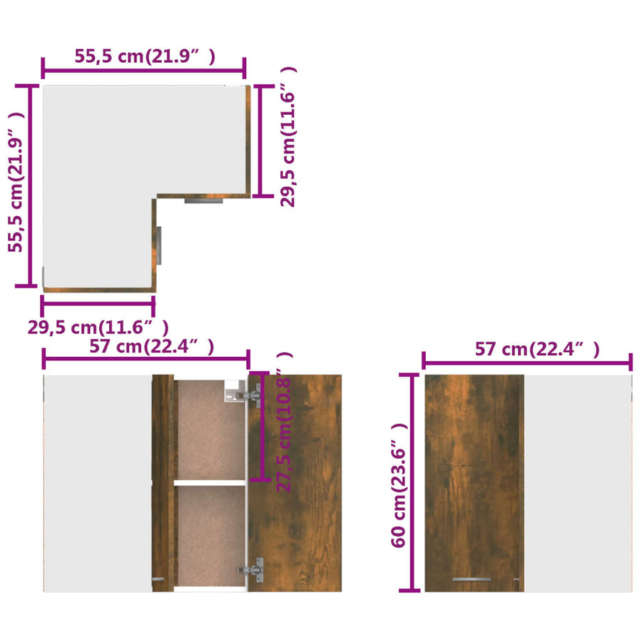 Hoekkast hangend 57x57x60 cm bewerkt hout gerookt eikenkleurig Hanghoekkast