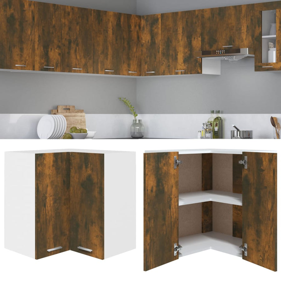 Hoekkast hangend 57x57x60 cm bewerkt hout gerookt eikenkleurig Hanghoekkast