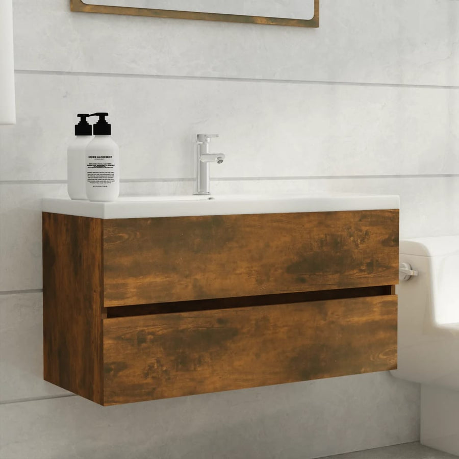 Wastafelkast 90X38,5X45 Cm Bewerkt Hout Kleurig 90 x 38.5 x 45 cm Gerookt eiken